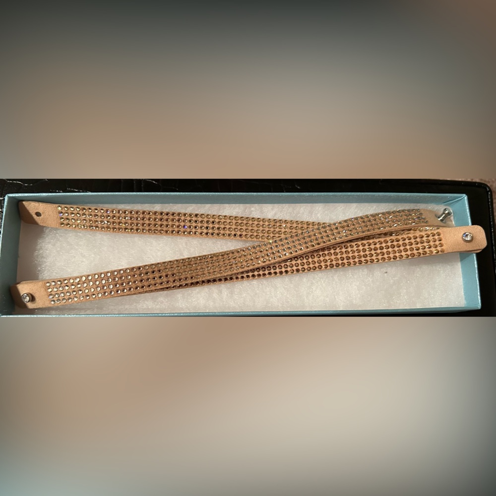 Swarovski rhinestones, rose gold, copper leather, wrap around style.